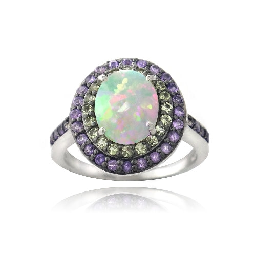 Sterling Silver Created White Opal, Amethyst Peridot Oval Ring