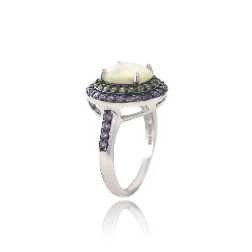 Sterling Silver Created White Opal, Amethyst & Peridot Oval Ring-2