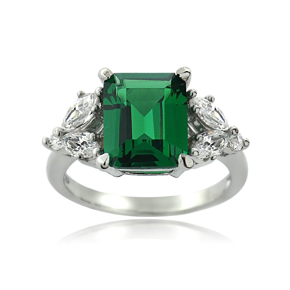 Sterling Silver Created Emerald & CZ Marquise Rectangle Ring
