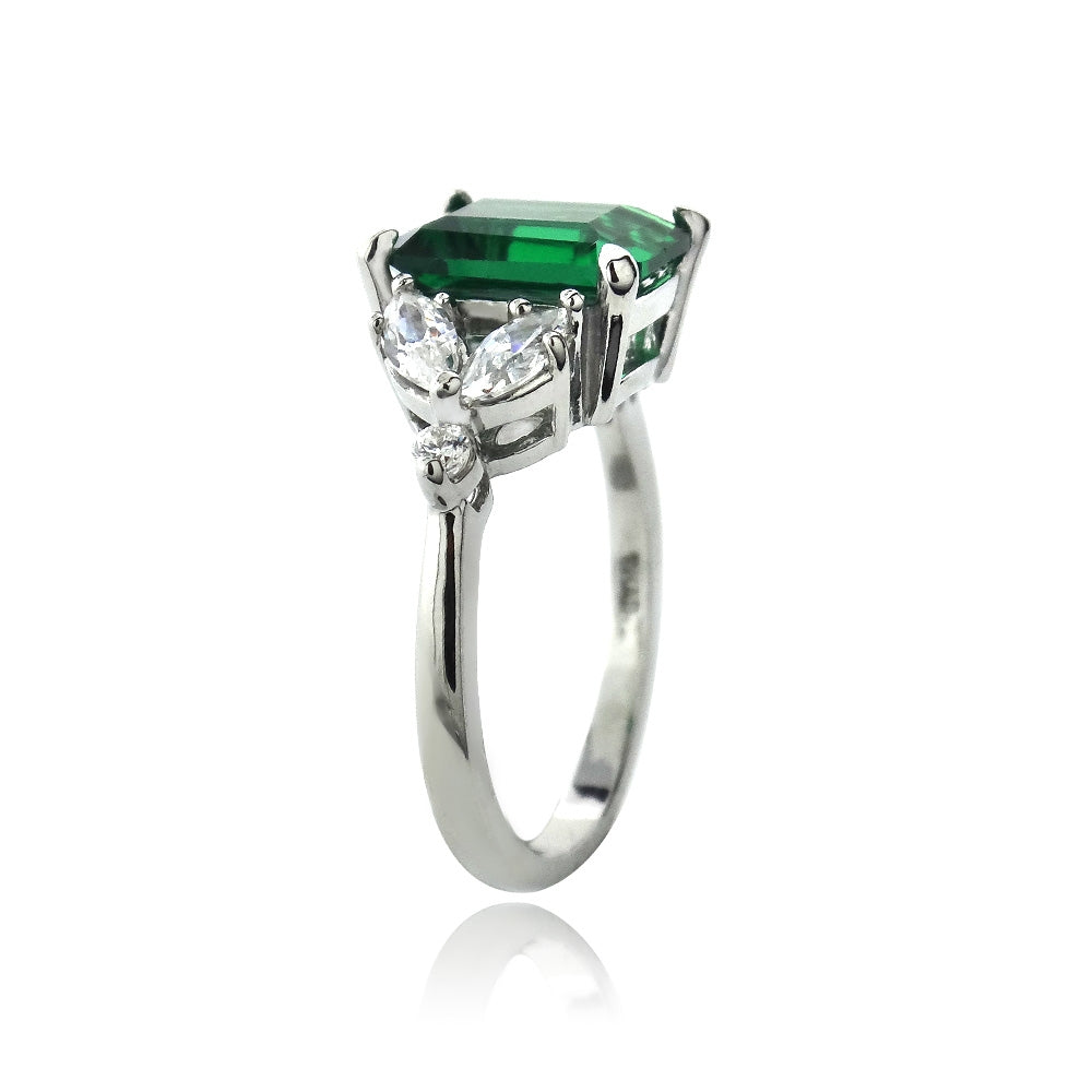 Sterling Silver Created Emerald & CZ Marquise Rectangle Ring-2