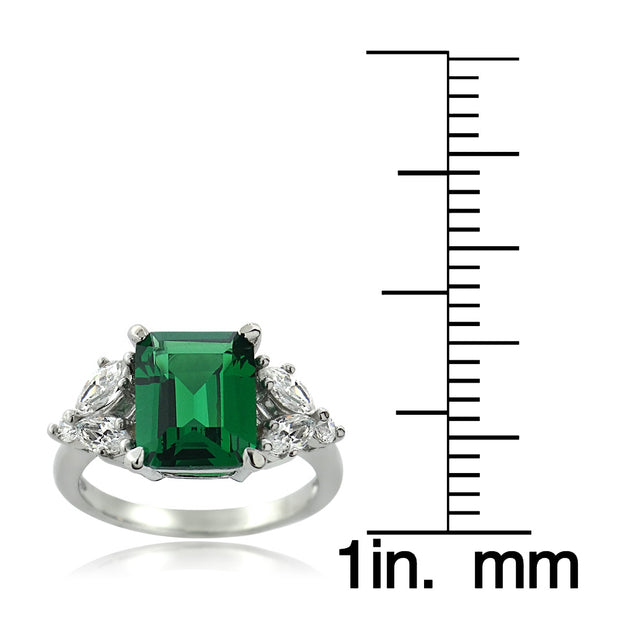 Sterling Silver Created Emerald & CZ Marquise Rectangle Ring