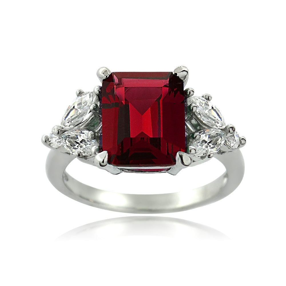 Sterling Silver Created Ruby & CZ Marquise Rectangle Ring