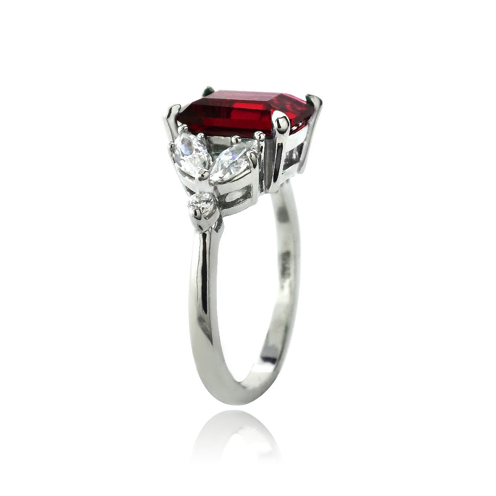 Sterling Silver Created Ruby & CZ Marquise Rectangle Ring-2
