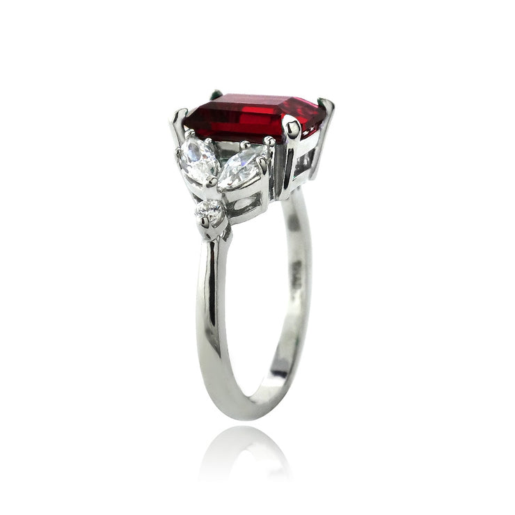 Sterling Silver Created Ruby & CZ Marquise Rectangle Ring