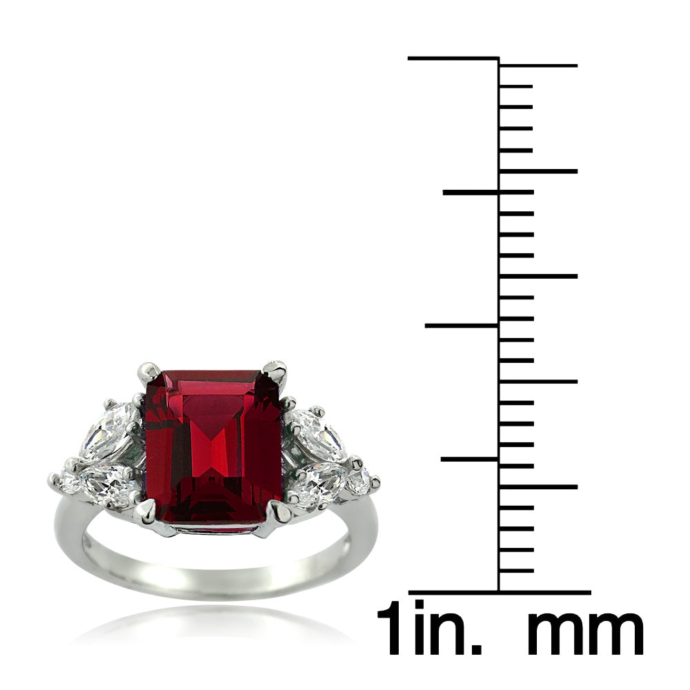 Sterling Silver Created Ruby & CZ Marquise Rectangle Ring-3