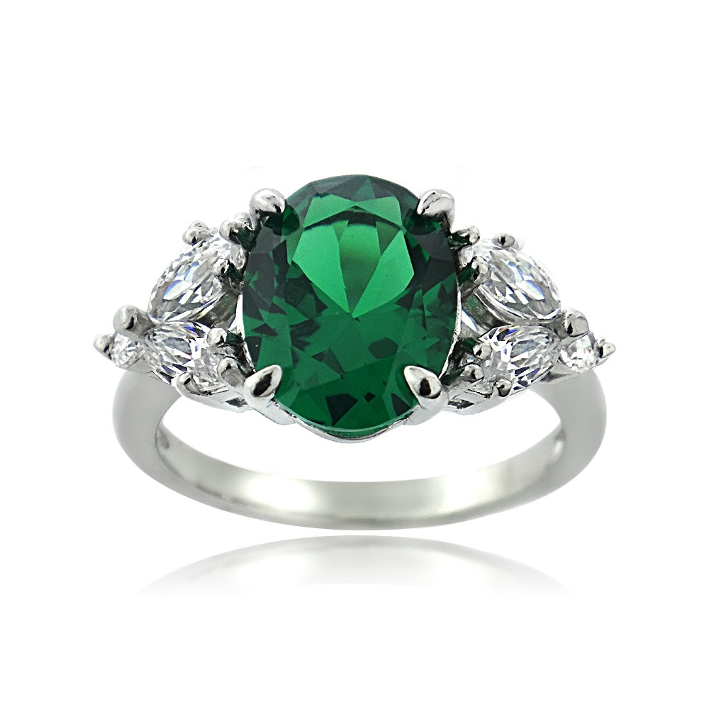 Sterling Silver Created Emerald & CZ Marquise Oval Ring