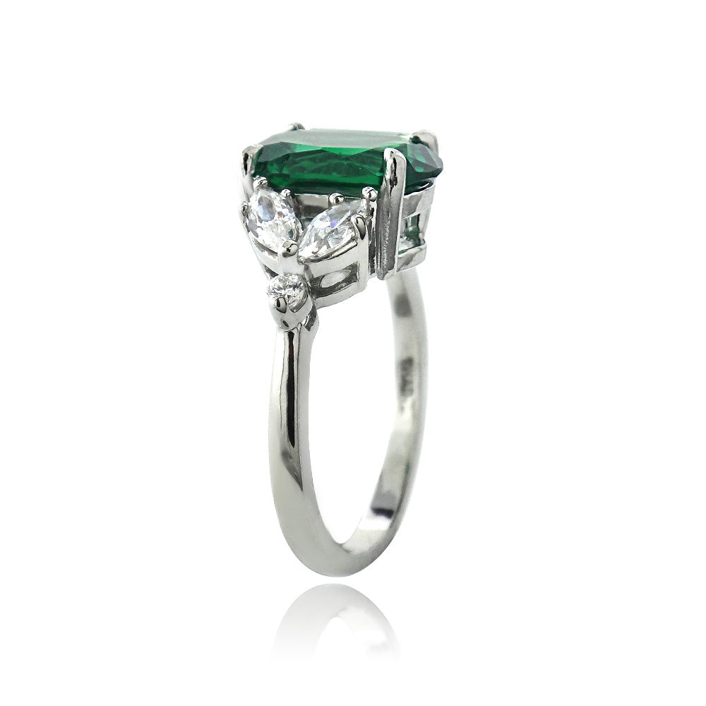 Sterling Silver Created Emerald & CZ Marquise Oval Ring-2