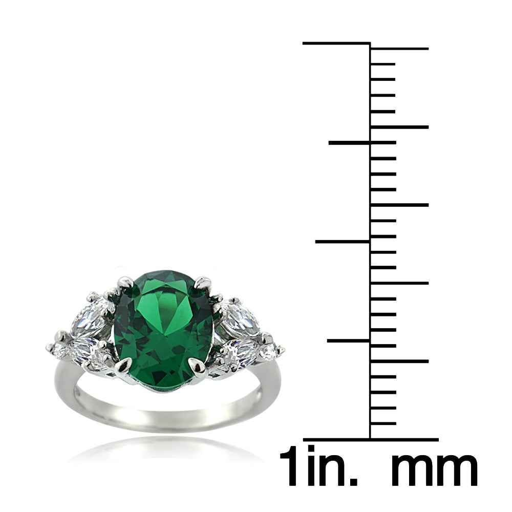 Sterling Silver Created Emerald & CZ Marquise Oval Ring-3