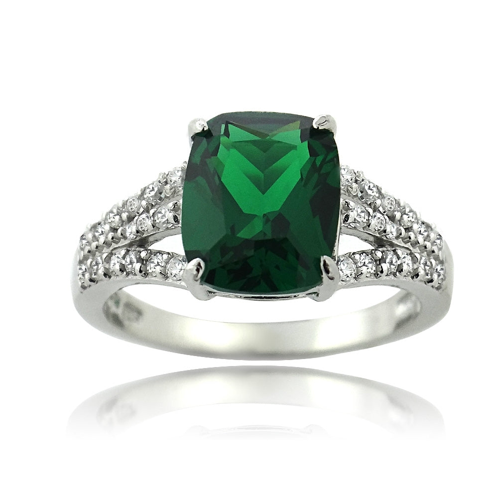 Sterling Silver Created Emerald & CZ Rectangle Ring