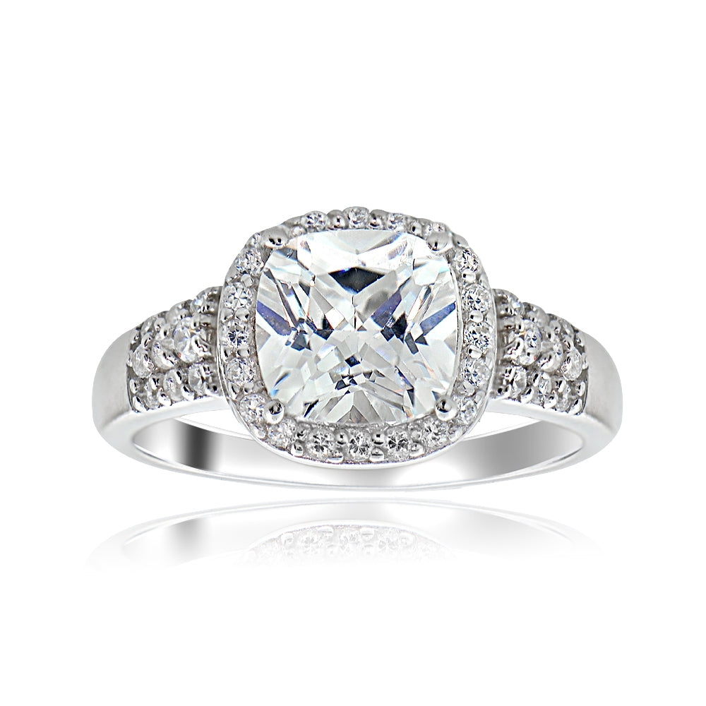 Sterling Silver CZ Square Halo & Three Row Band Ring