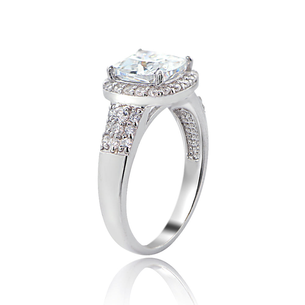 Sterling Silver CZ Square Halo & Three Row Band Ring-2