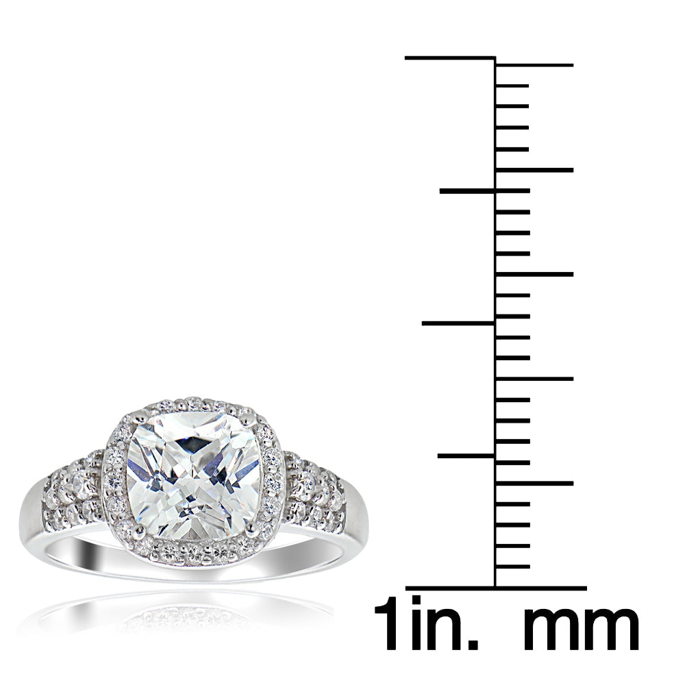 Sterling Silver CZ Square Halo & Three Row Band Ring-3