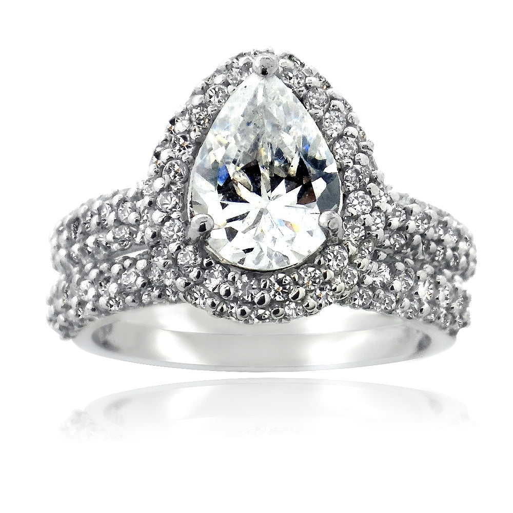 Sterling Silver CZ Pear & CZ Half-Eternity Band Ring Set