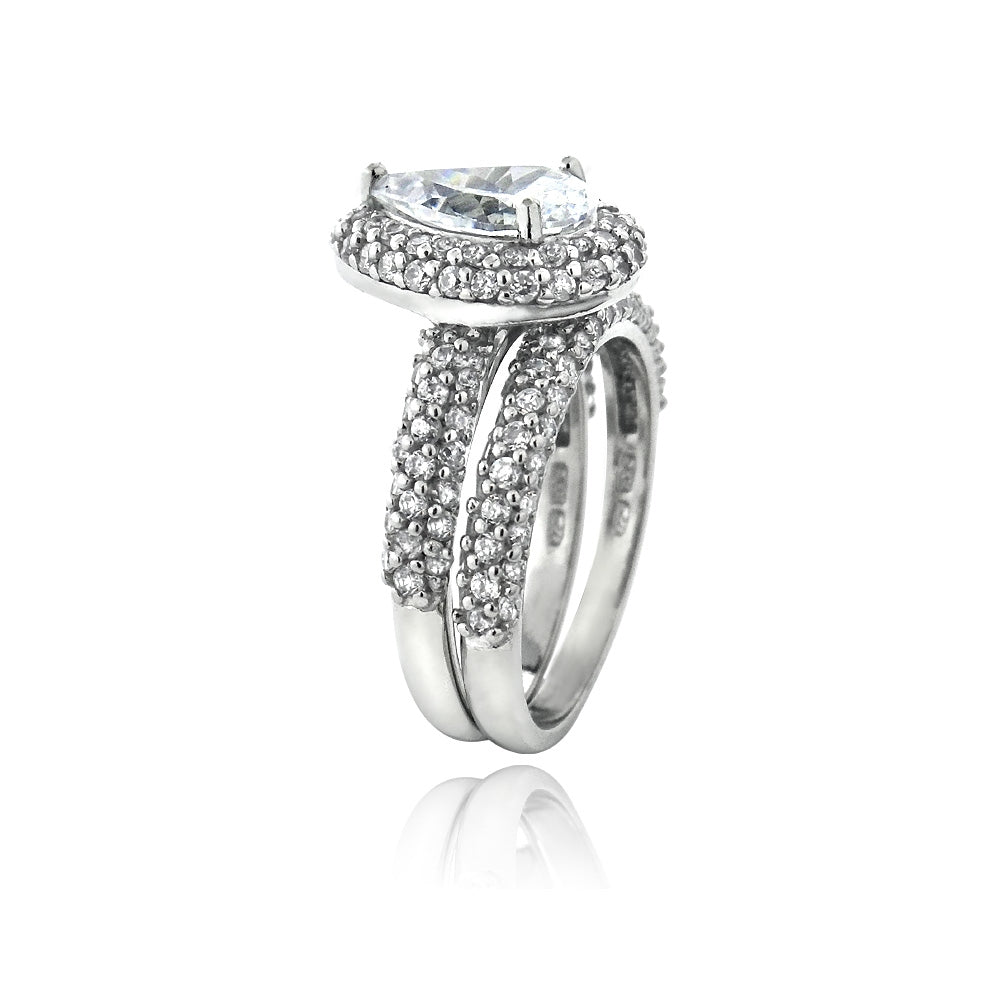 Sterling Silver CZ Pear & CZ Half-Eternity Band Ring Set-2