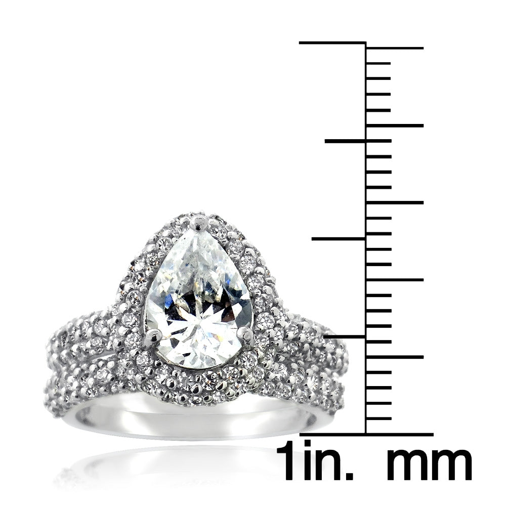 Sterling Silver CZ Pear & CZ Half-Eternity Band Ring Set-3
