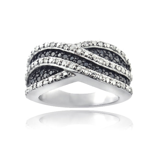 Sterling Silver 1/2 ct Black & White Diamond Crossover Wave Band Ring