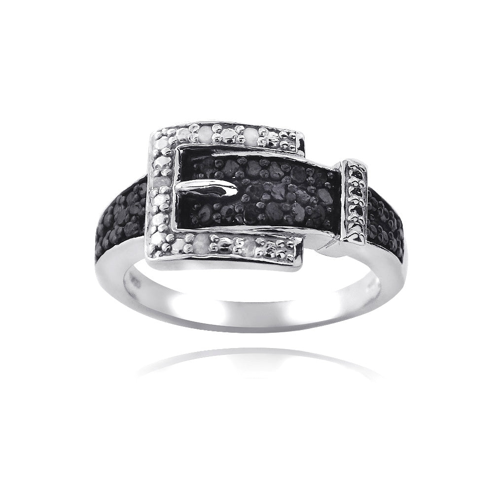Sterling Silver 1/4 ct Black & White Diamond Belt Buckle Ring