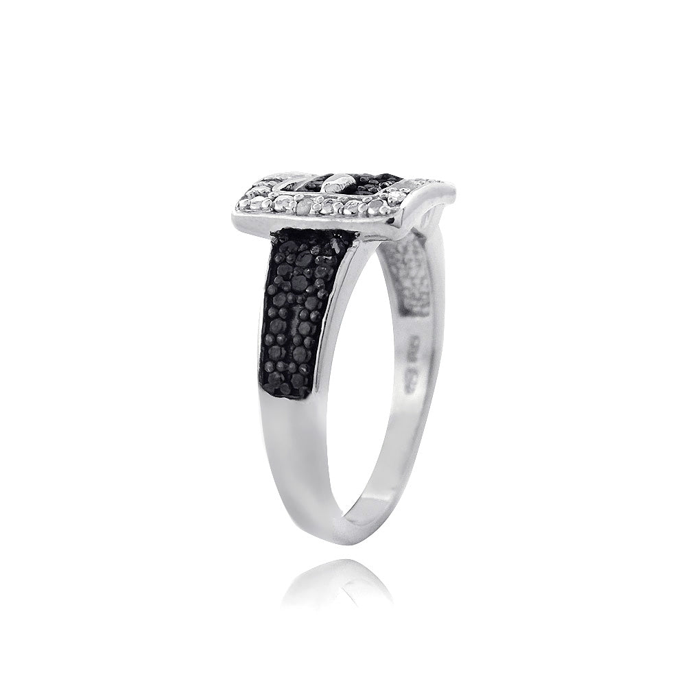 Sterling Silver 1/4 ct Black & White Diamond Belt Buckle Ring-2