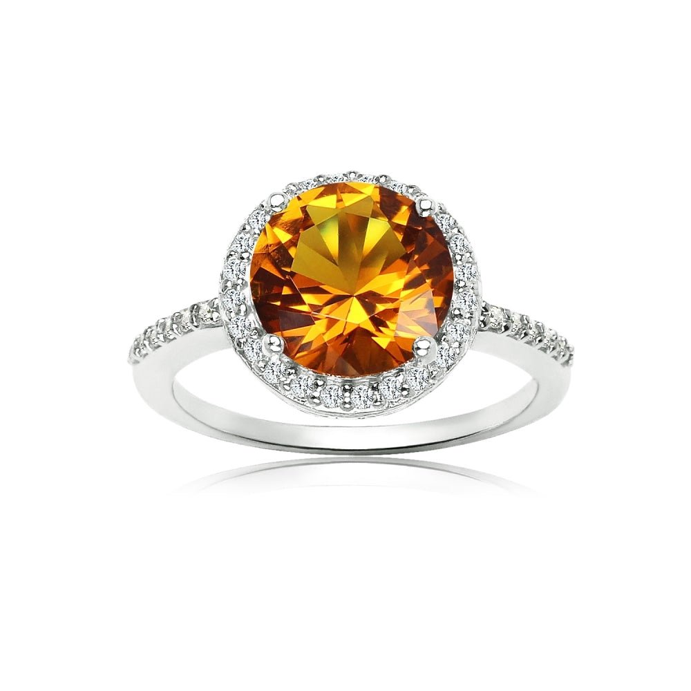 Sterling Silver Created Citrine and Cubic Zirconia Round Halo Ring,