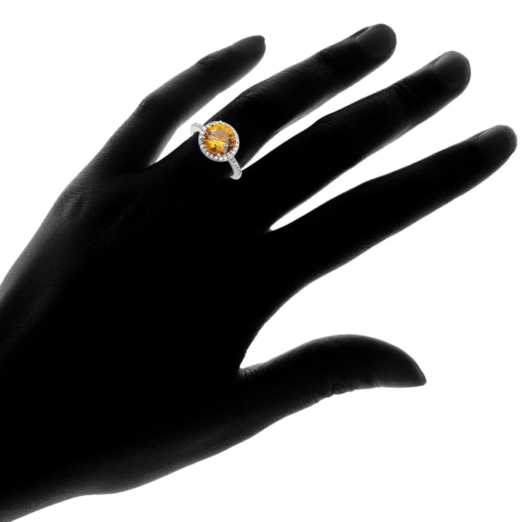 Sterling Silver Created Citrine and Cubic Zirconia Round Halo Ring,