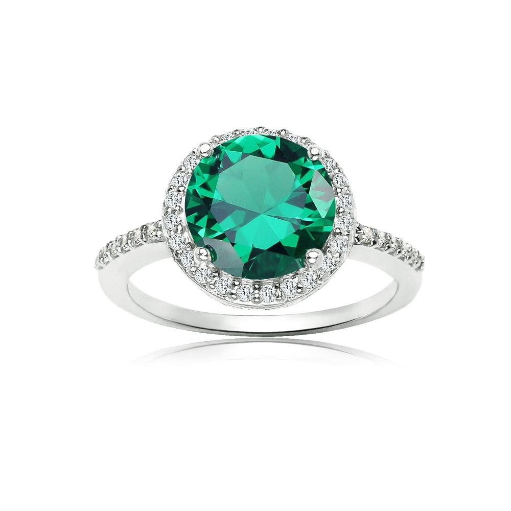 Sterling Silver Simulated Emerald and Cubic Zirconia Round Halo Ring, Size 10