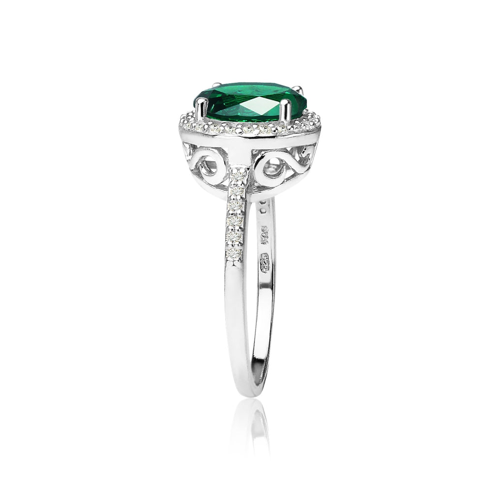 Sterling Silver Simulated Emerald and Cubic Zirconia Round Halo Ring, Size 10-2