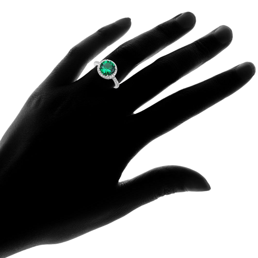 Sterling Silver Simulated Emerald and Cubic Zirconia Round Halo Ring, Size 10-3