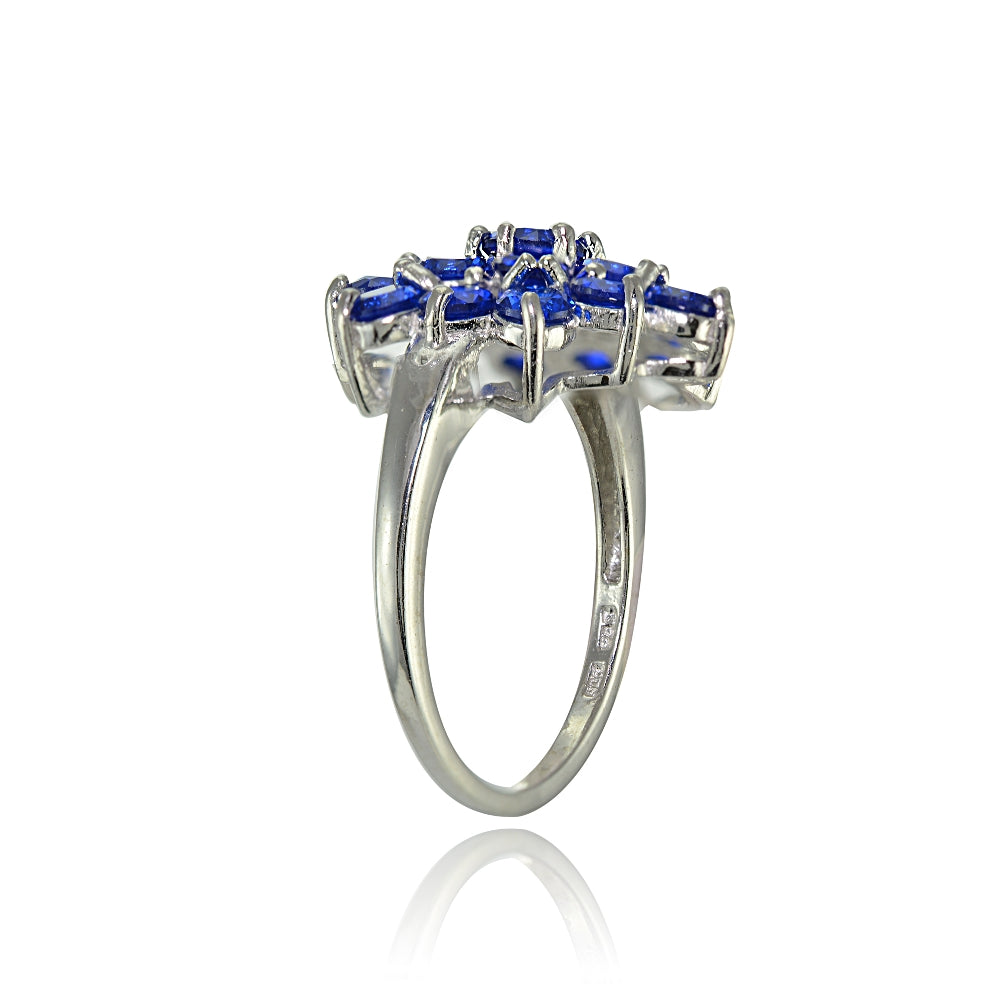 Sterling Silver Created Blue Sapphire Flower Ring,-2