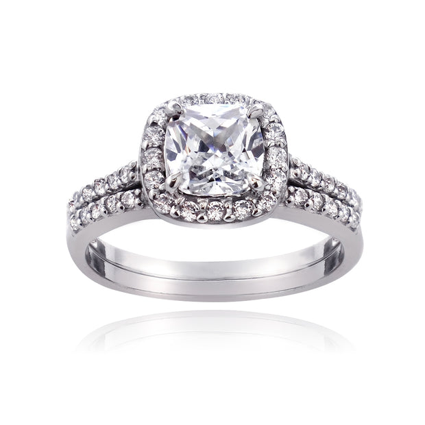 Sterling Silver 1.ct CZ Cushion-Cut Bridal Engagement Ring Set