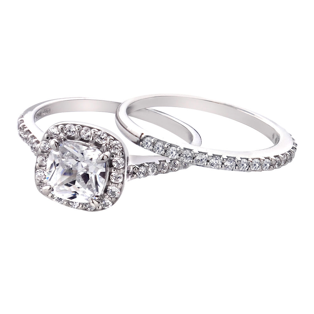 Sterling Silver 1.ct CZ Cushion-Cut Bridal Engagement Ring Set-4