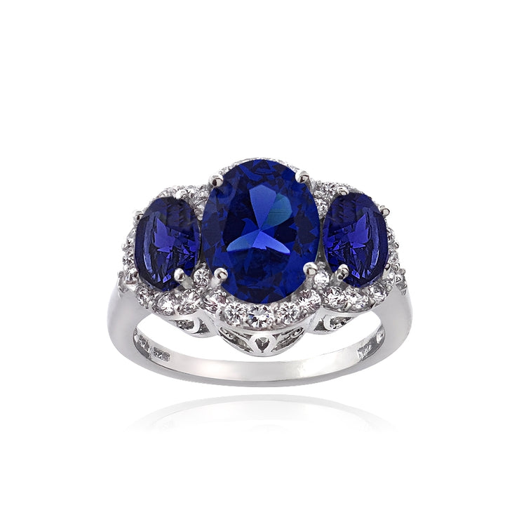 Sterling Silver 4.1ct Created Blue & White Sapphire 3-Stone Ring