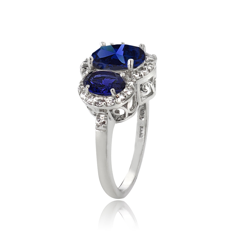 Sterling Silver 4.1ct Created Blue & White Sapphire 3-Stone Ring-2