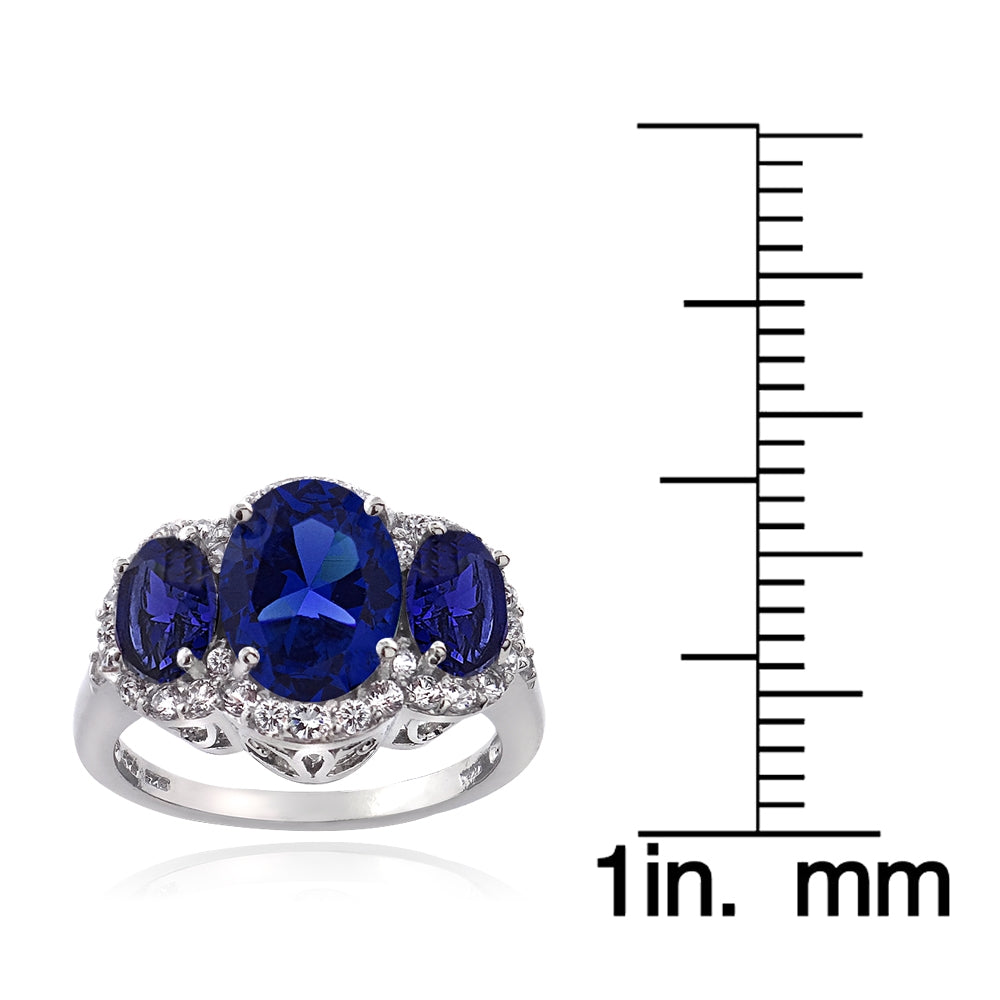 Sterling Silver 4.1ct Created Blue & White Sapphire 3-Stone Ring-3