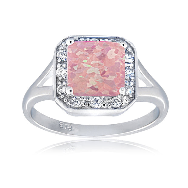 Sterling Silver Created Pink Opal & Cubic Zirconia Square Ring,