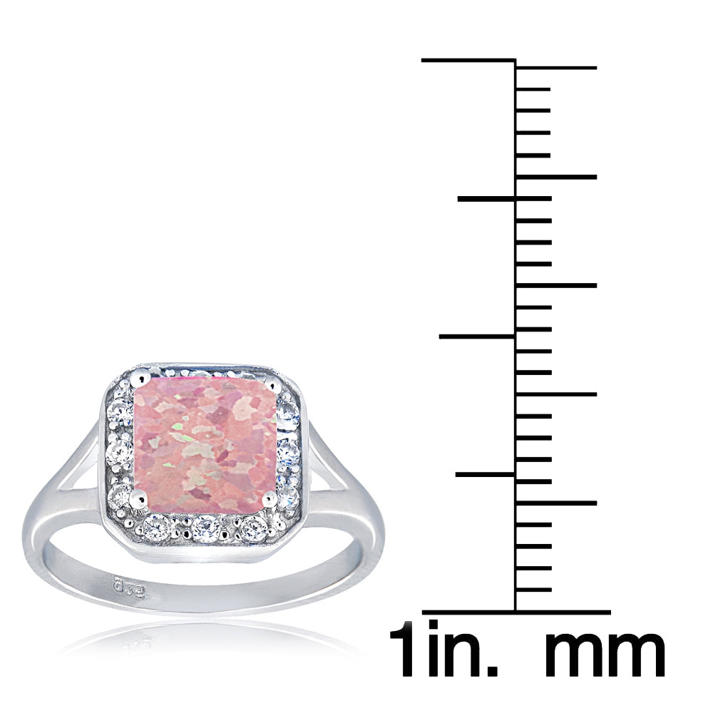Sterling Silver Created Pink Opal & Cubic Zirconia Square Ring,-3