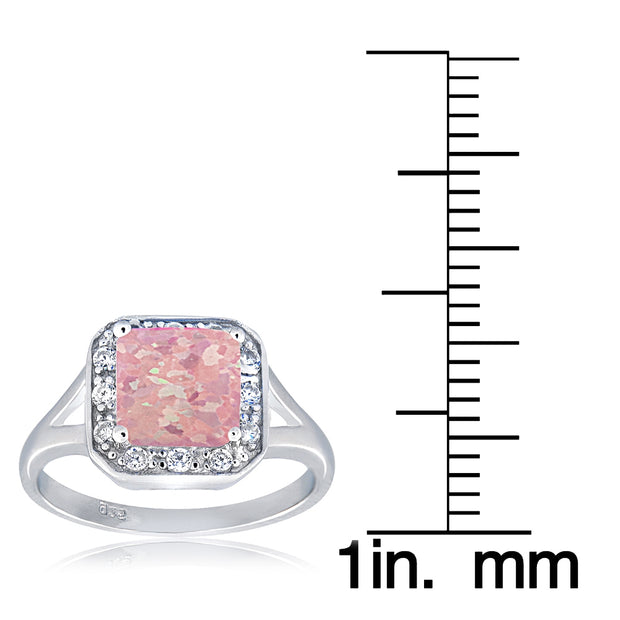 Sterling Silver Created Pink Opal & Cubic Zirconia Square Ring,