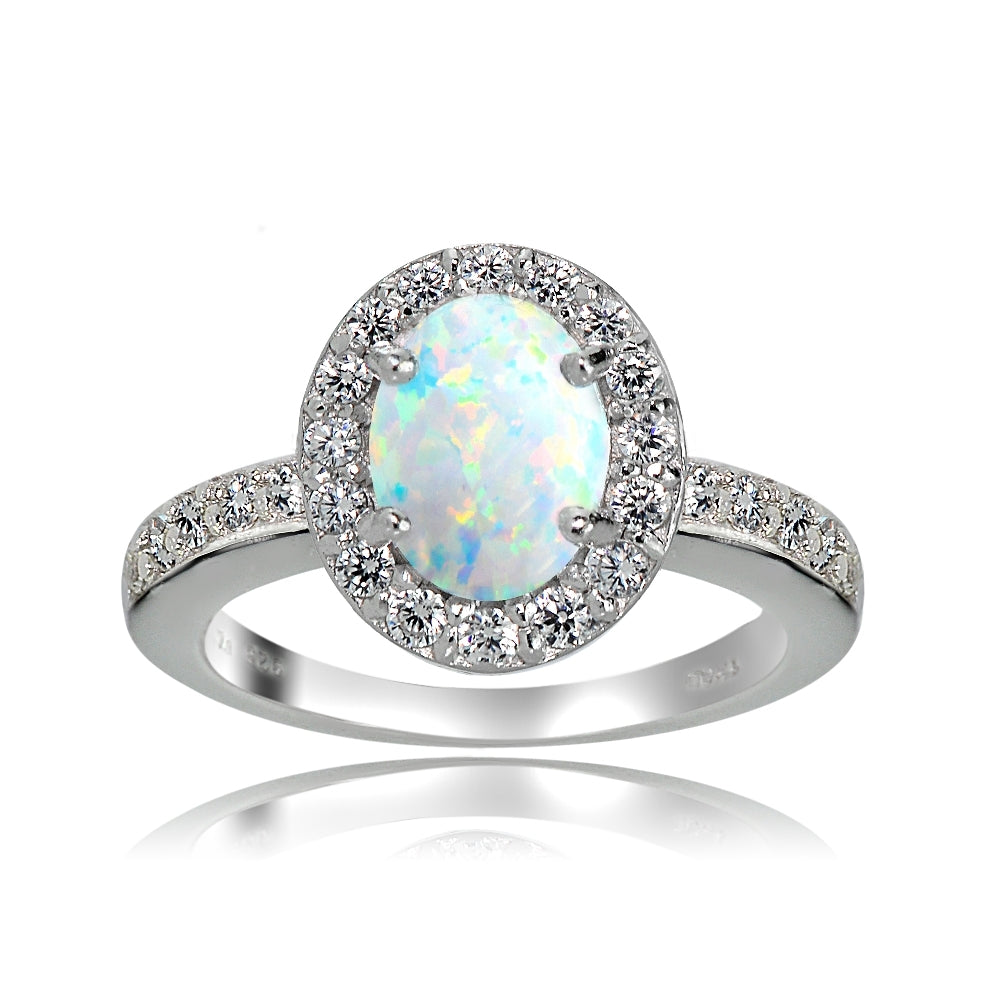 Sterling Silver Created Opal and White Topaz Oval Halo Ring