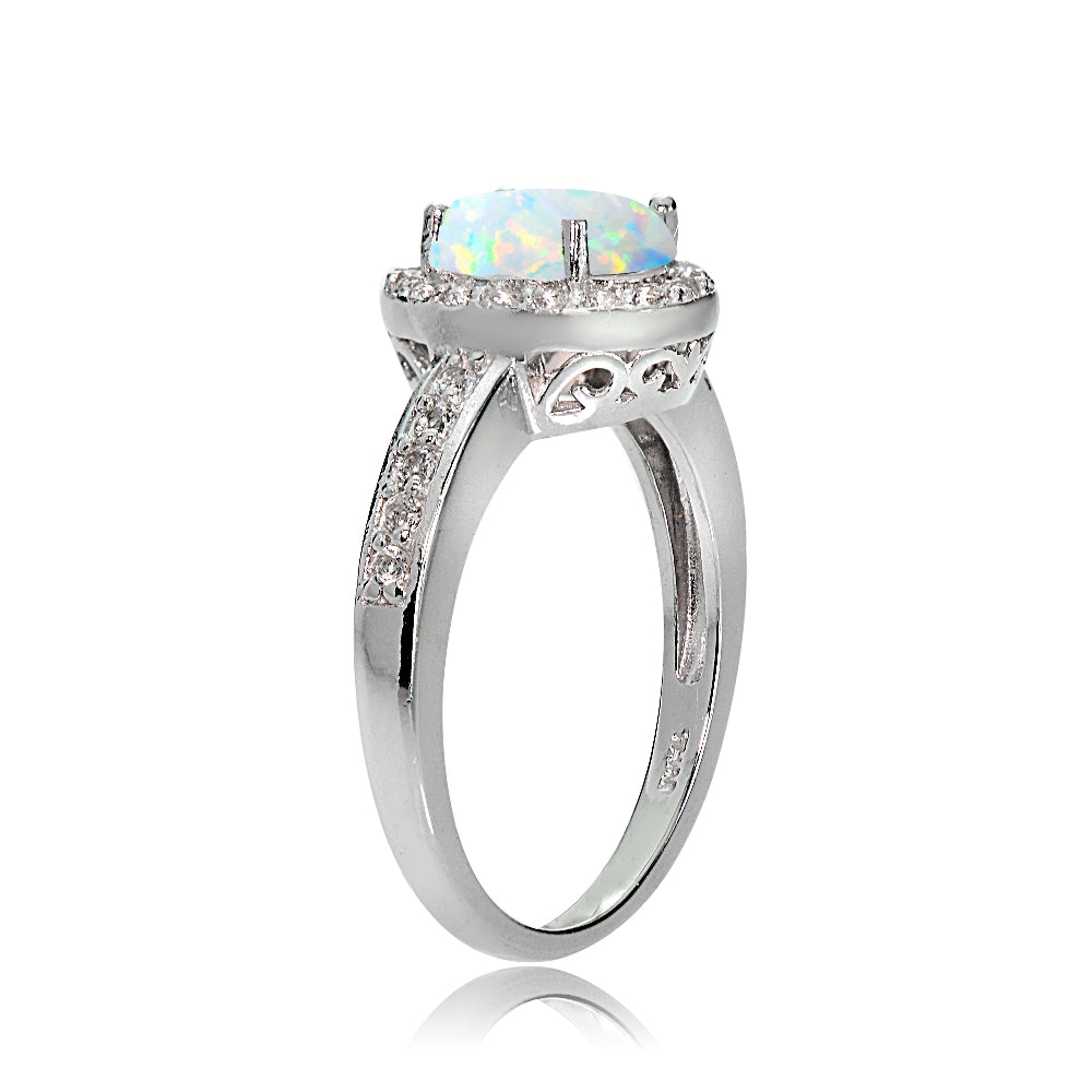 Sterling Silver Created Opal and White Topaz Oval Halo Ring-2