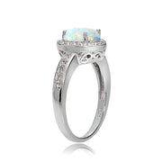 Sterling Silver Created Opal and White Topaz Oval Halo Ring