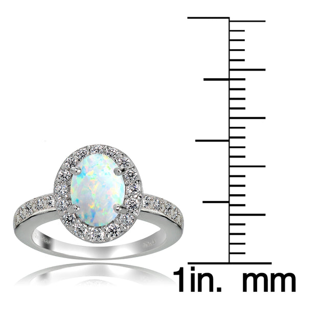 Sterling Silver Created Opal and White Topaz Oval Halo Ring
