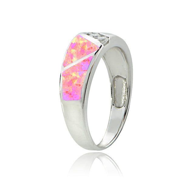 Sterling Silver Created Pink Opal & Cubic Zirconia Band Ring,