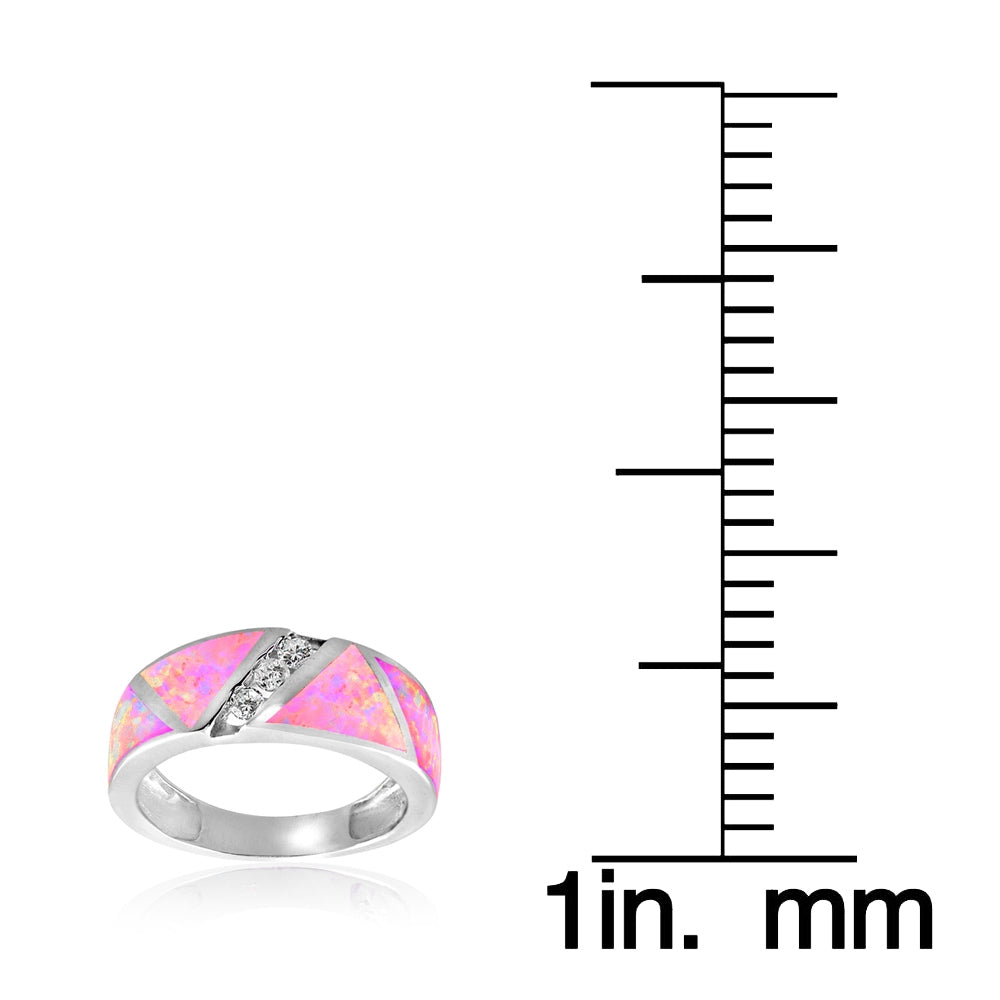 Sterling Silver Created Pink Opal & Cubic Zirconia Band Ring,-3