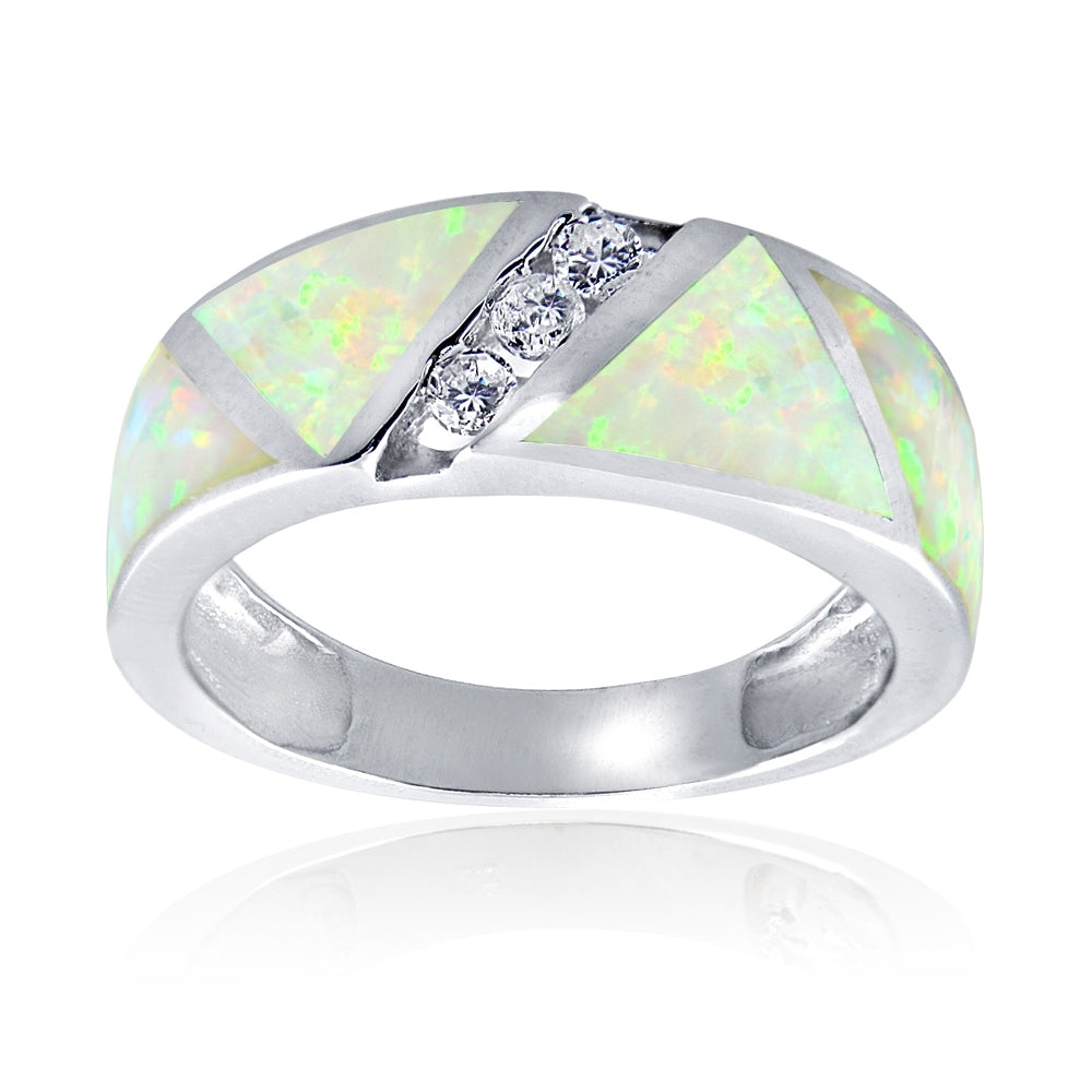 Sterling Silver Created White Opal & Cubic Zirconia Band Ring,
