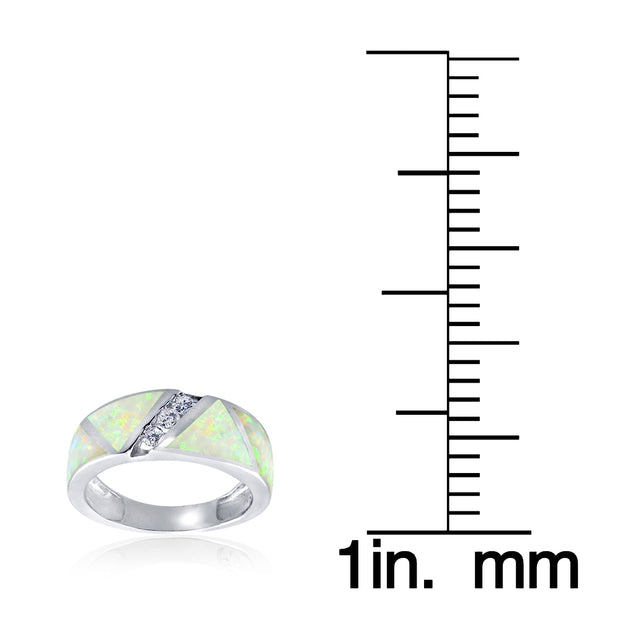 Sterling Silver Created White Opal & Cubic Zirconia Band Ring,