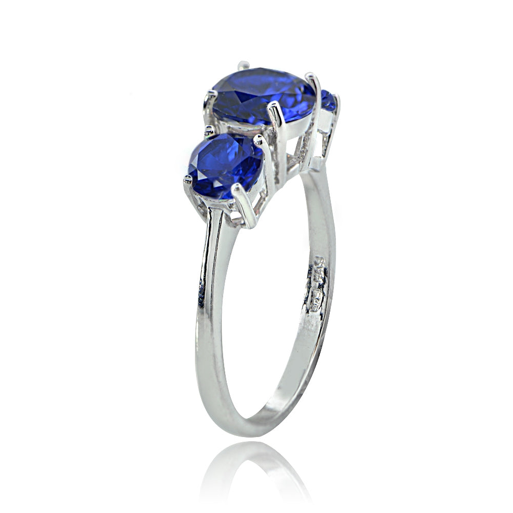 Sterling Silver Created Blue Sapphire Round-Cut Three Stone Ring-2