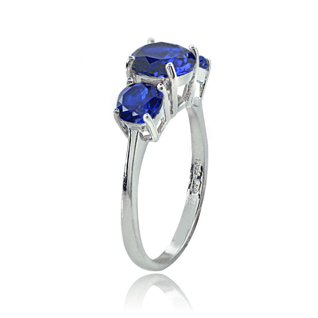 Sterling Silver Created Blue Sapphire Round-Cut Three Stone Ring