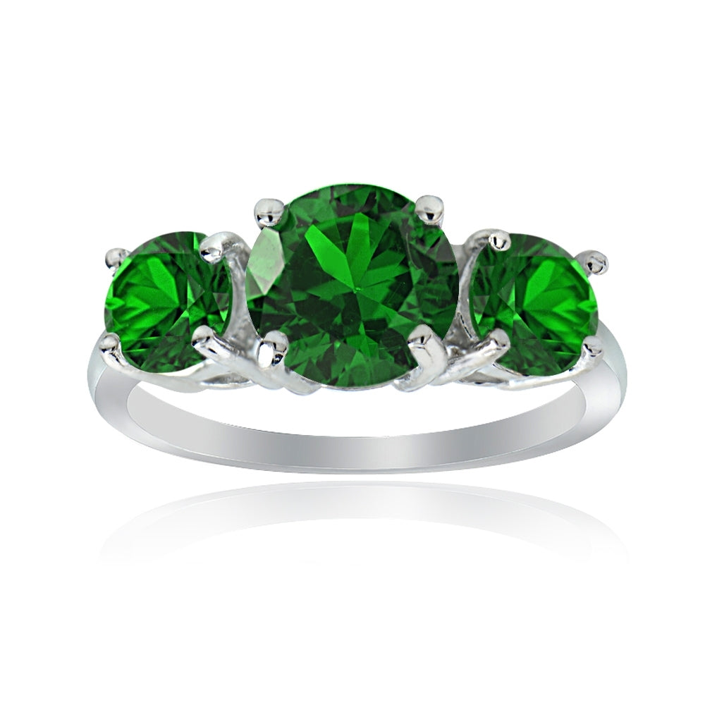 Sterling Silver Created Emerald Round-Cut Three Stone Ring