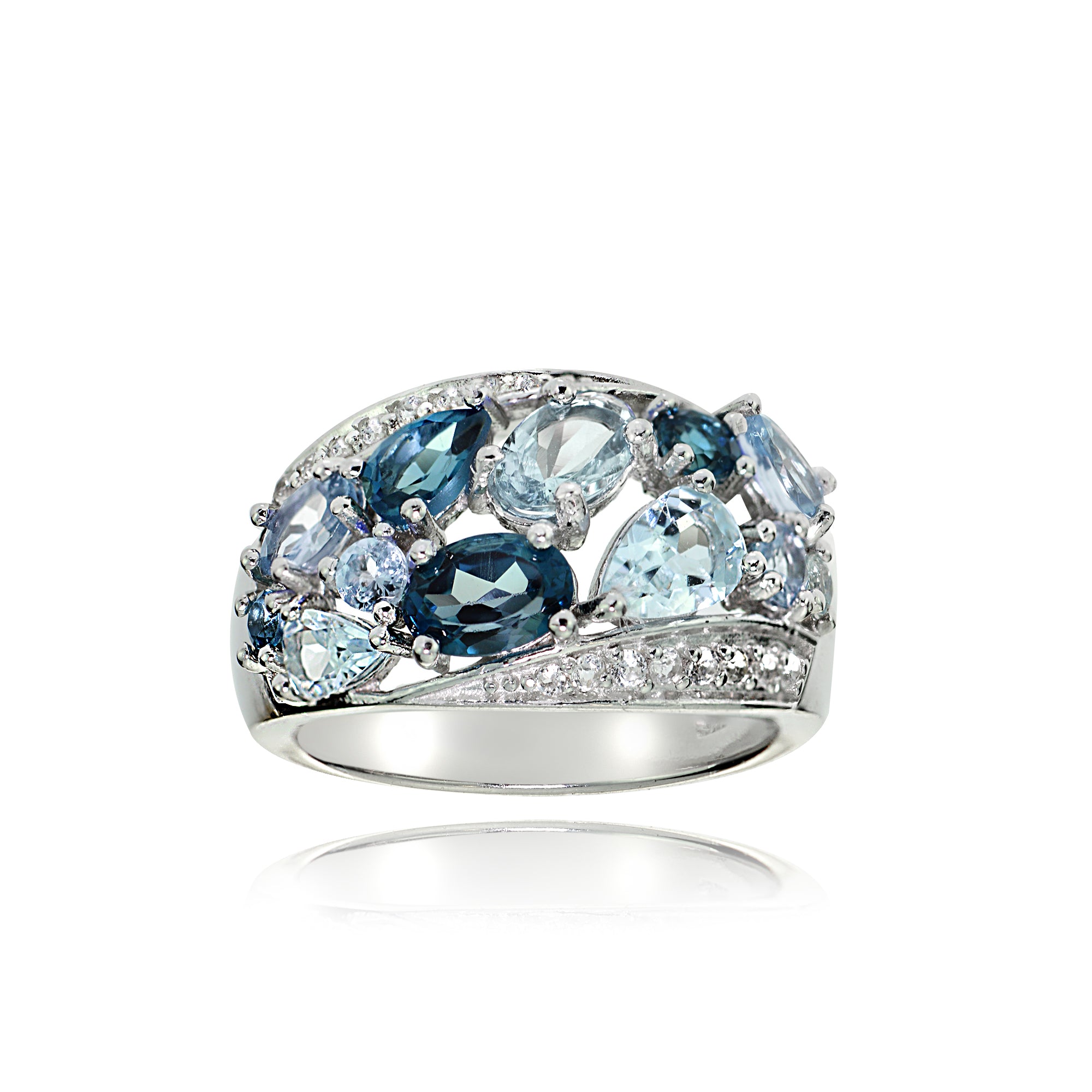 Sterling Silver London Blue, Swis Blue and White Topaz Cluster Tonal Ring