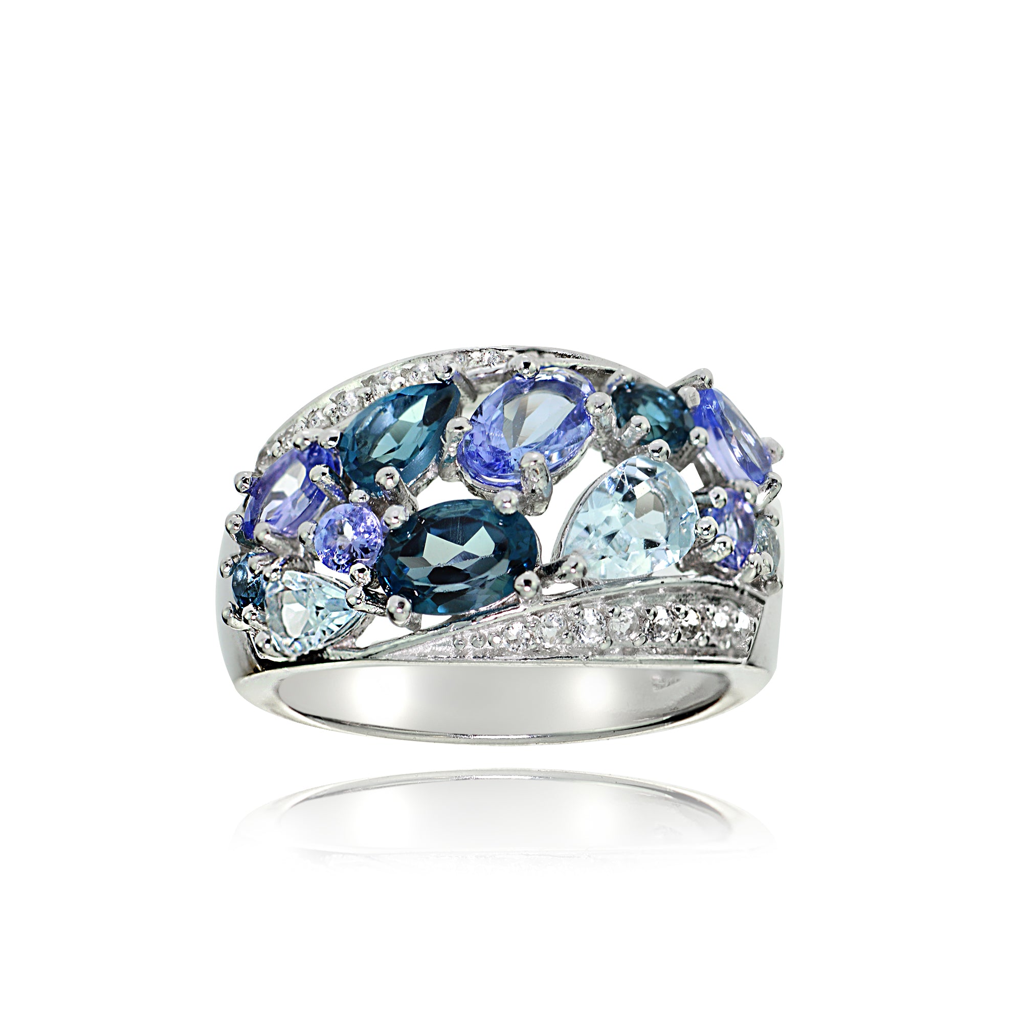 Sterling Silver Tanzanite, Aquamarine, London Blue and White Topaz Cluster Tonal Ring