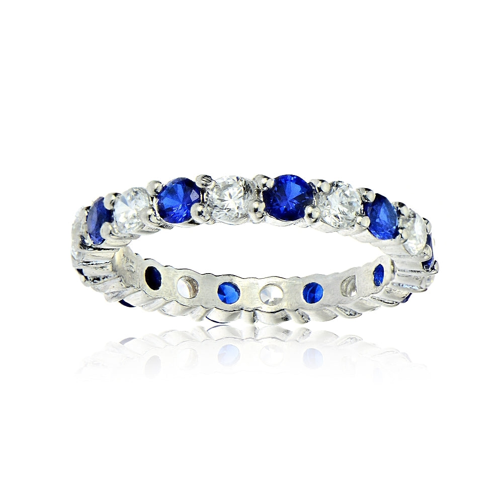 Sterling Silver Created Blue Sapphire and Cubic Zirconia Wedding Band Ring-2